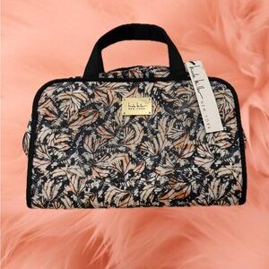 Nicole Miller Black, Peach & White Leaf Print Travel Cosmetic / Toiletry Case